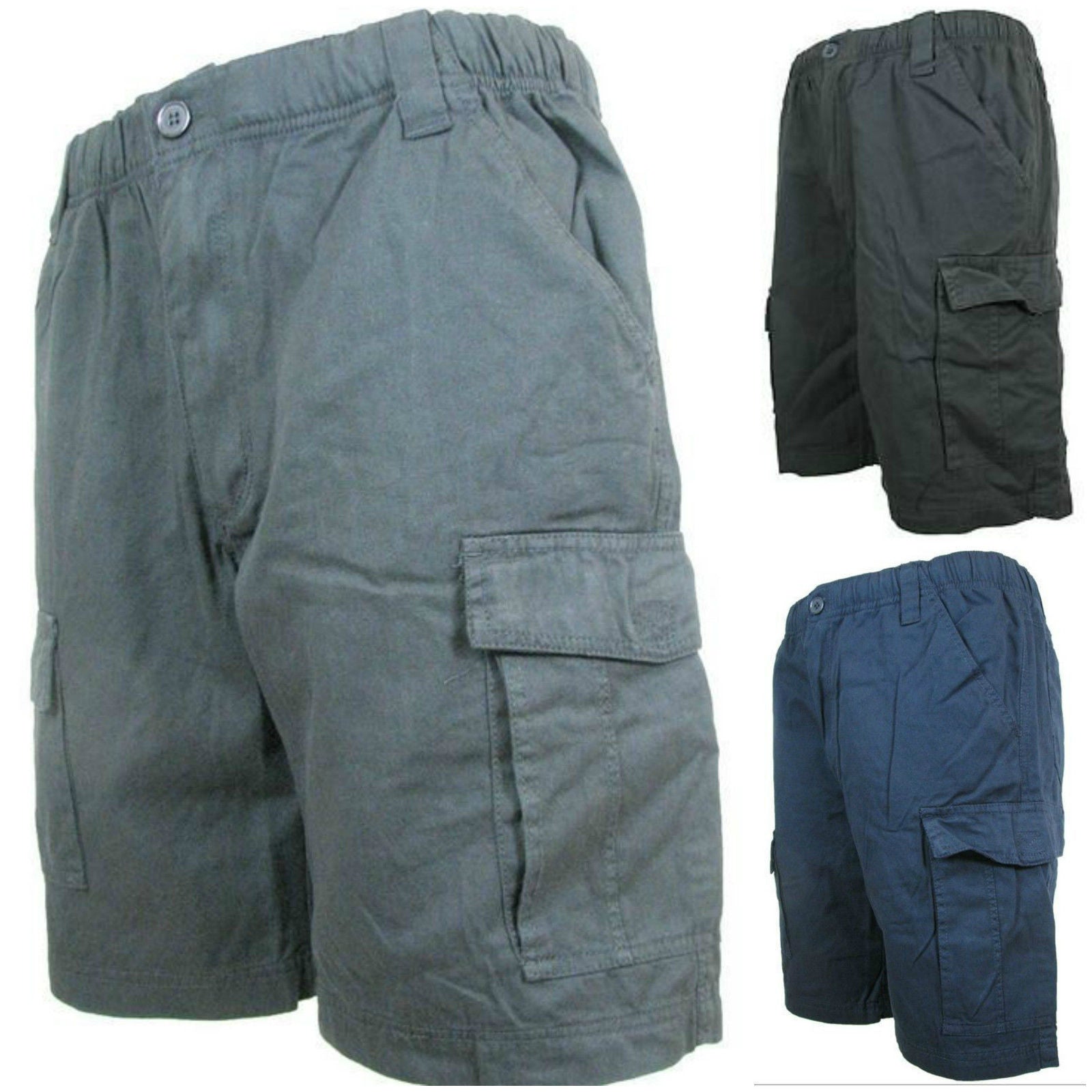 CARGO SHORTS Elastic Waist 100% COTTON Army Military PLAIN Pocket Mens S-XXL - Black - S 3