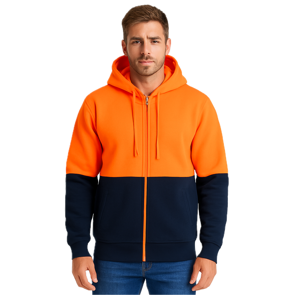 HI VIS Jumper Full Zip Hoodie Safety Workwear Fleecy Fleece Jacket Hooded in Orange/Navy - 2XL