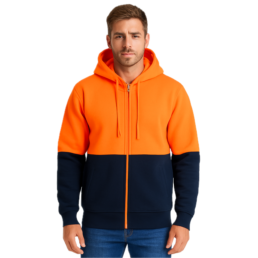 HI VIS Jumper Full Zip Hoodie Safety Workwear Fleecy Fleece Jacket Hooded in Orange/Navy - 3XL