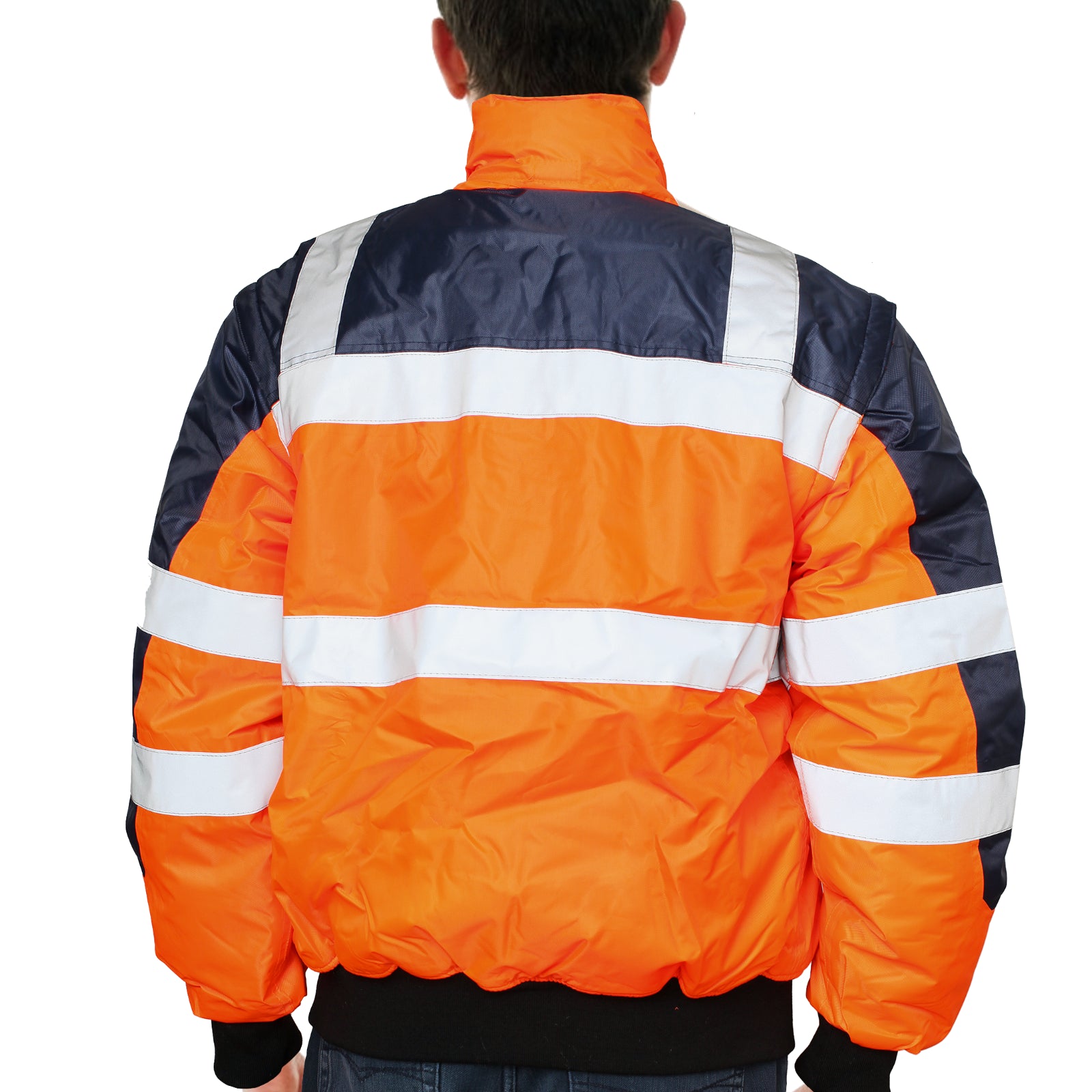 3-in-1 Hi Vis Quilted Safety Bomber Jacket Waterproof Reflective Workwear - Orange/Navy - L 3