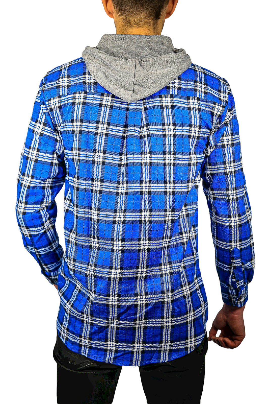 Mens Cotton Flannelette Shirt w Jersey Hood Long Sleeve Flannel - Spanish Blue - 5XL 5