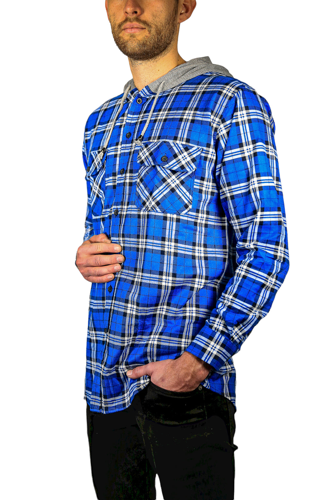 Mens Cotton Flannelette Shirt w Jersey Hood Long Sleeve Flannel - Spanish Blue - XXL 3