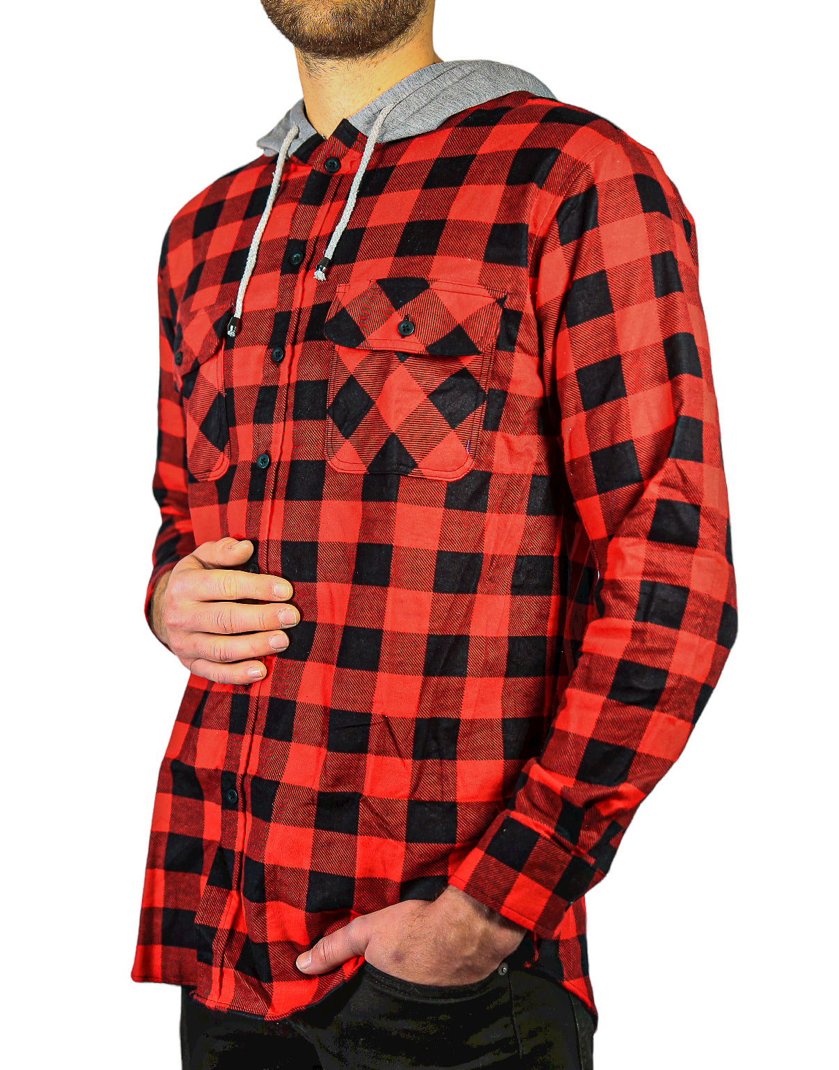 Mens Cotton Flannelette Shirt w Jersey Hood Long Sleeve Flannel - Red/Black - L 5