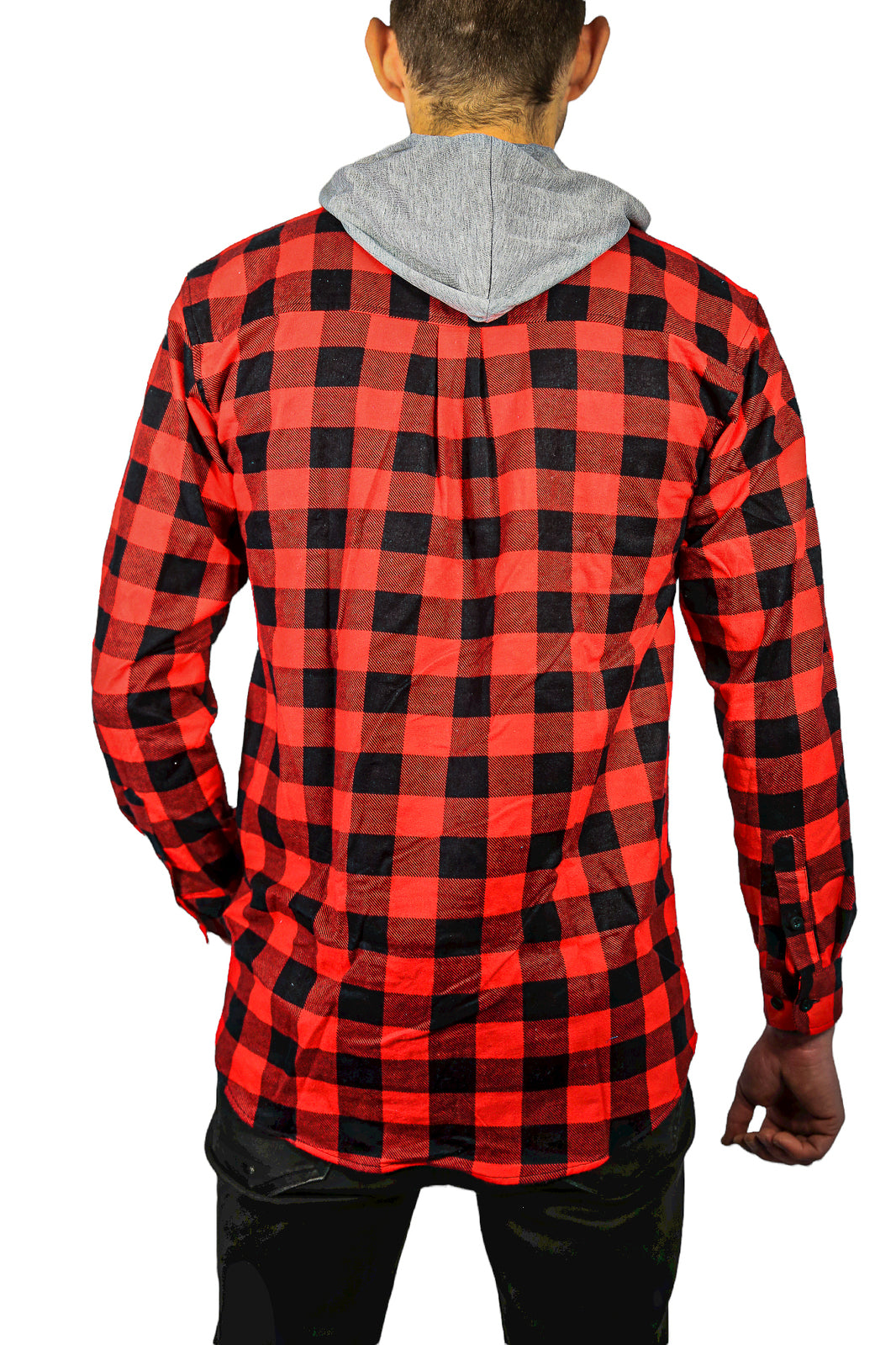 Mens Cotton Flannelette Shirt w Jersey Hood Long Sleeve Flannel - Red/Black - M 4