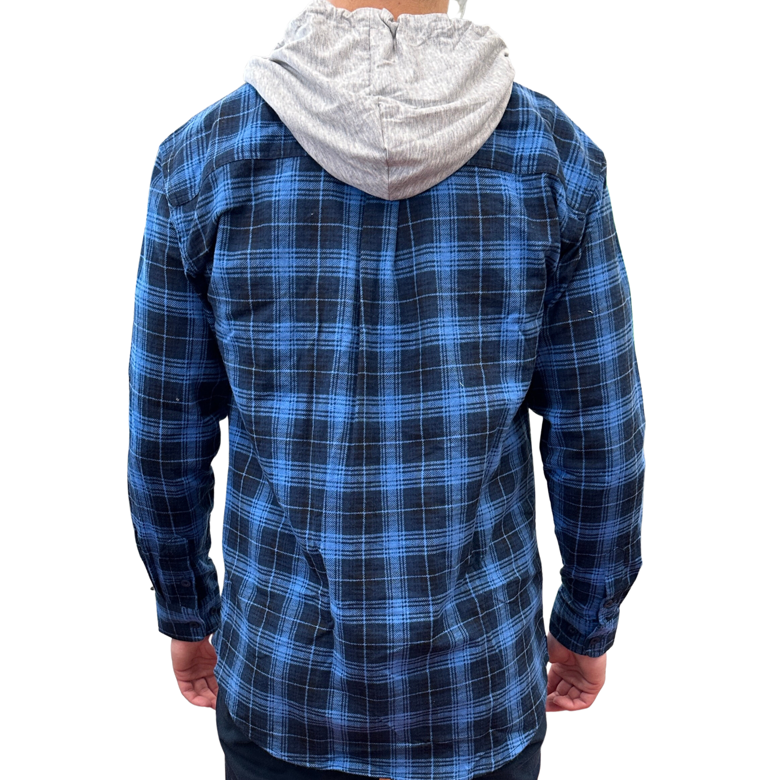 Mens Cotton Flannelette Shirt w Jersey Hood Long Sleeve Flannel - Blue - XL 4