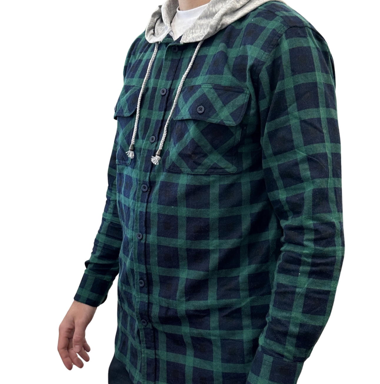 Mens Cotton Flannelette Shirt w Jersey Hood Long Sleeve Flannel - Green - S 5