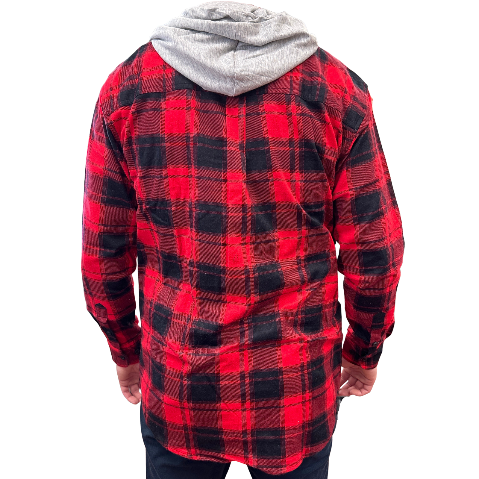 Mens Cotton Flannelette Shirt w Jersey Hood Long Sleeve Flannel - Red - S 4