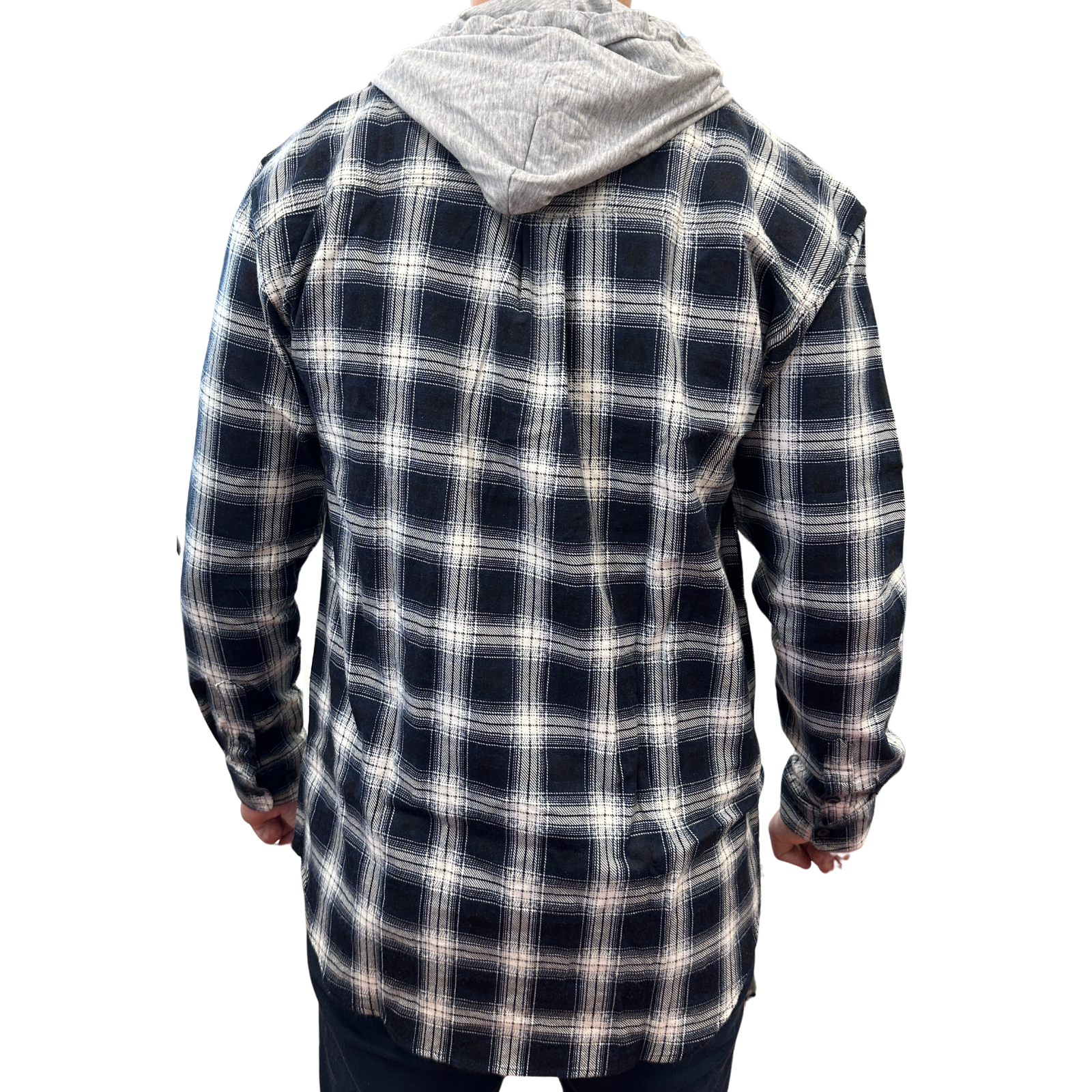 Mens Cotton Flannelette Shirt w Jersey Hood Long Sleeve Flannel - Black - L 4