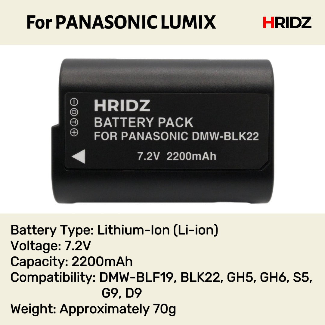 Hridz BLK22 Battery and Dual charger pack for Panasonic DMW-BLK22 LUMIX DSLR - combo-pack 5