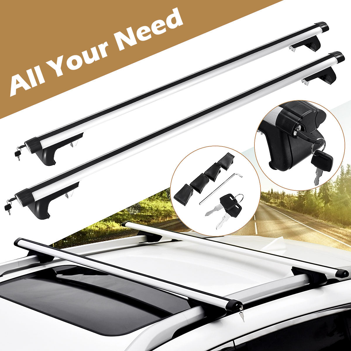 125CM Universal Adjustable Aluminum Alloy Car Roof Rack Cross Bars Carrier Lock 3