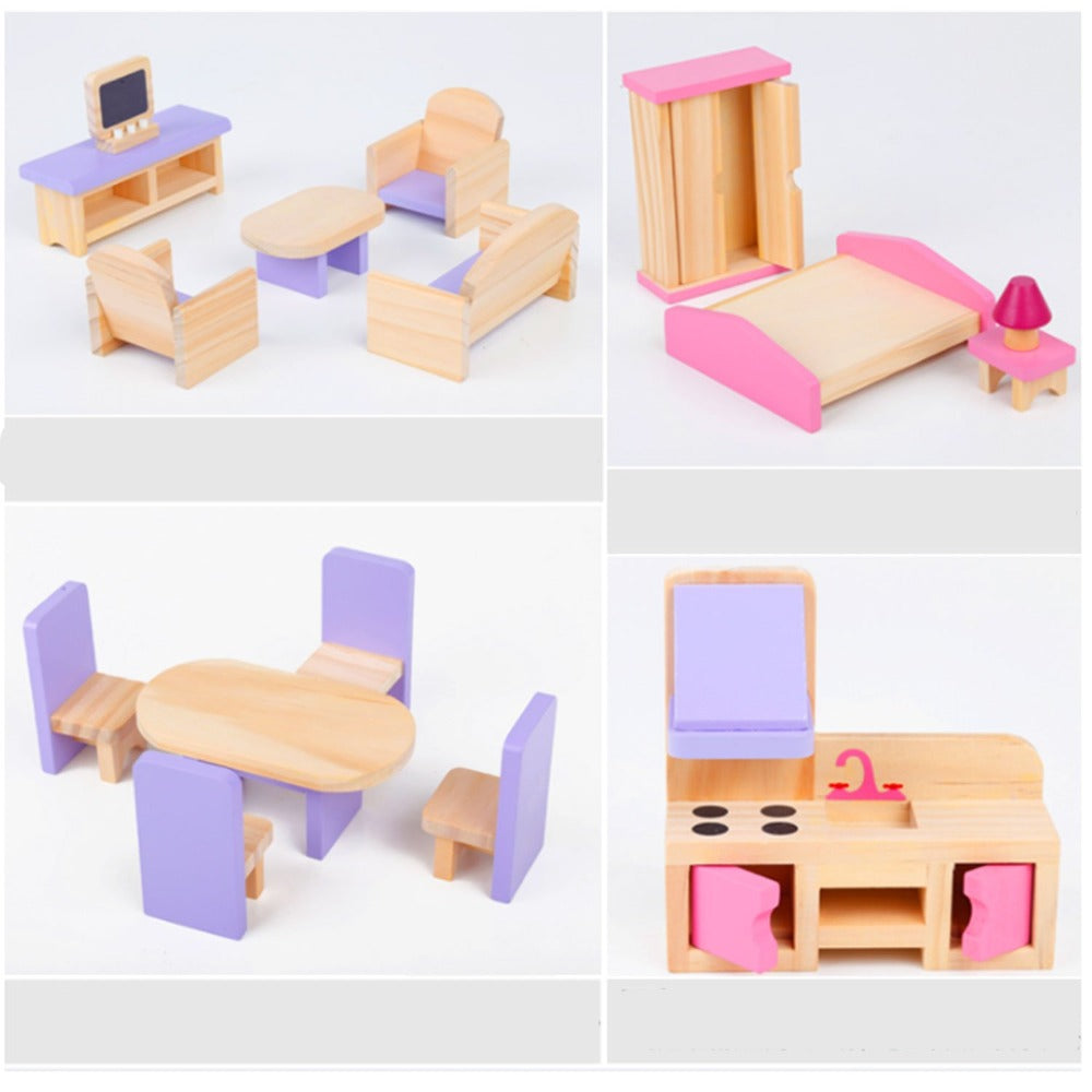 Wooden DIY Dolls Doll House 3 Level Kids Pretend Play Toys Full Furniture Set 3