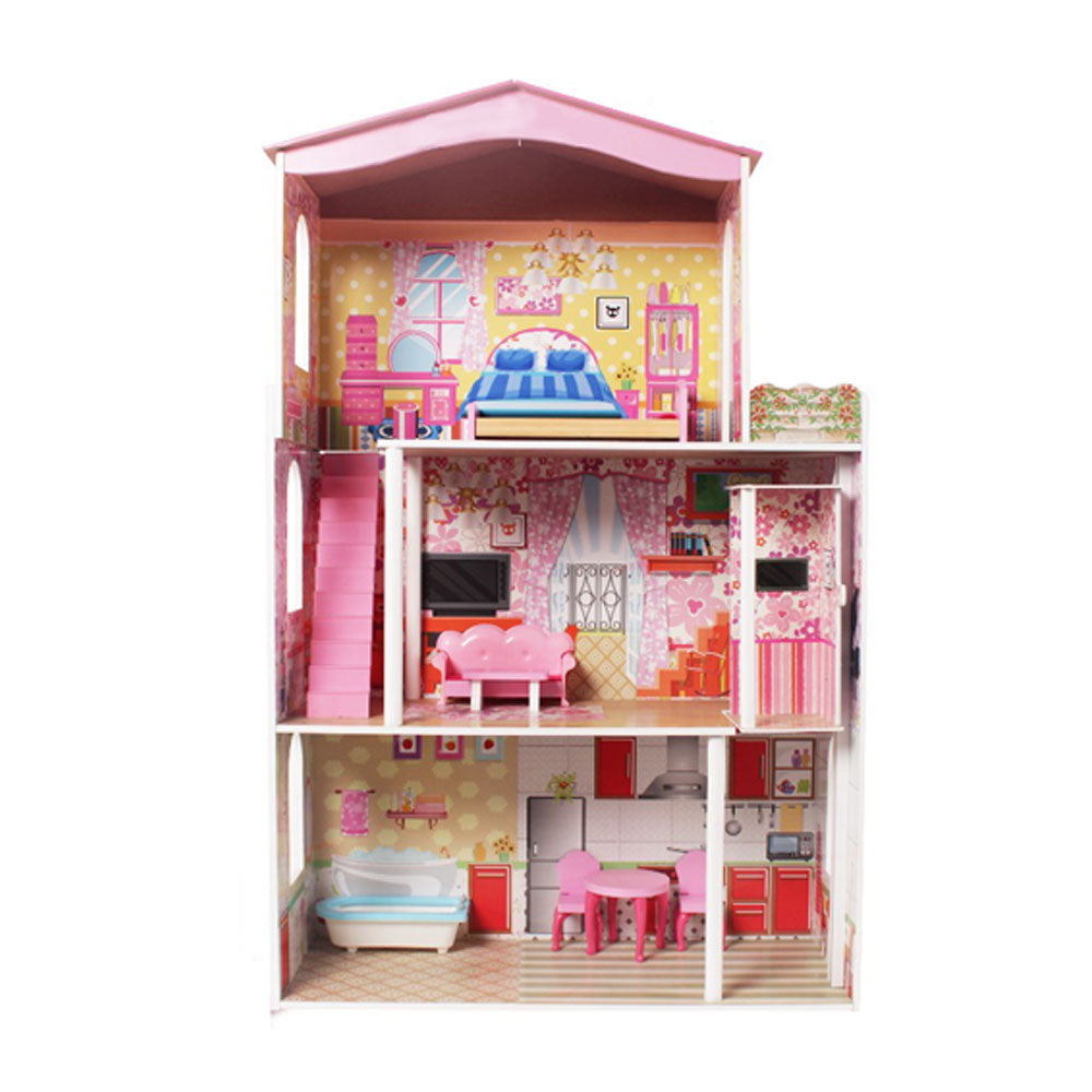 Large Wooden Dolls Doll House 3 Level Kids Pretend Play Toys Full Furniture 3