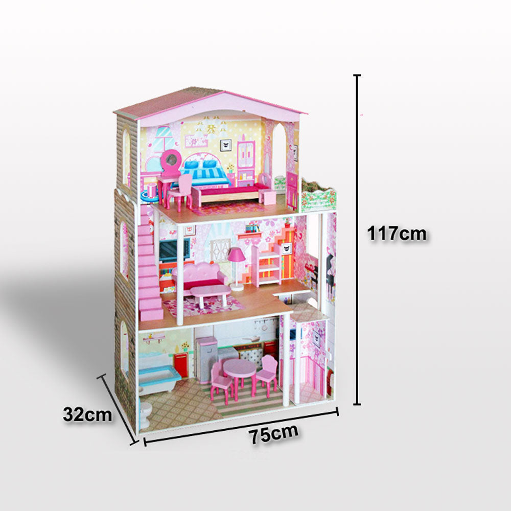Large Wooden Dolls Doll House 3 Level Kids Pretend Play Toys Full Furniture 8