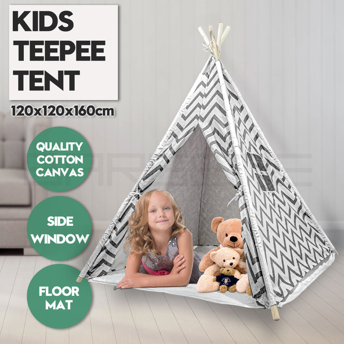 Giant Cotton Canvas Kids Teepee Wigwam Children Pretend Play Tent Indoor Outdoor Party - black 8