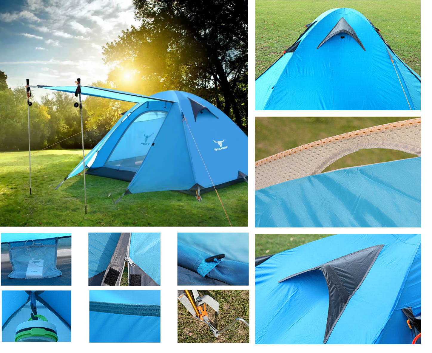 2 Person Portable Outdoor Lightweight Cycling Hiking Backpacking Camping Waterproof Tent - Blue 6