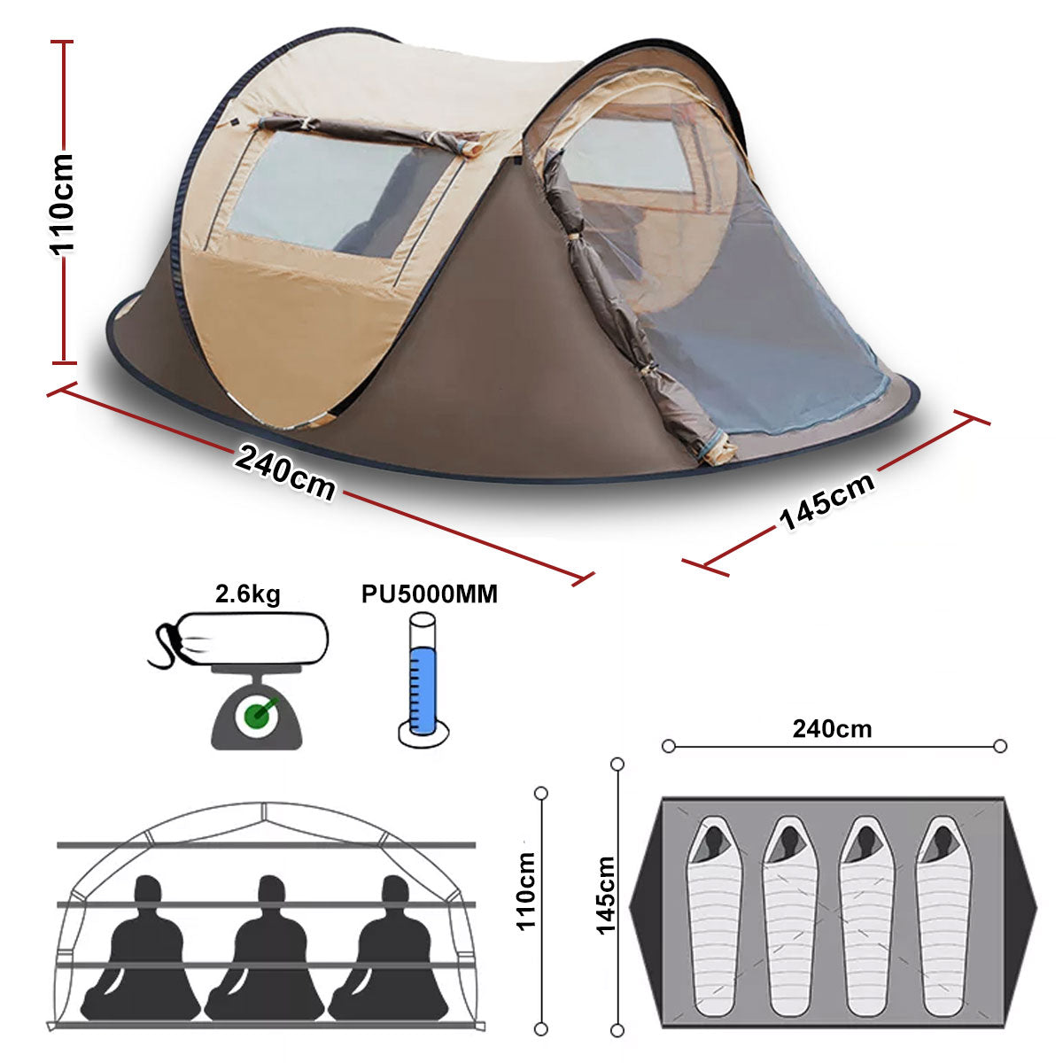 Waterproof Instant Up Beach Camping Tent 3 Person Pop up Tents Family Hiking Dome 5