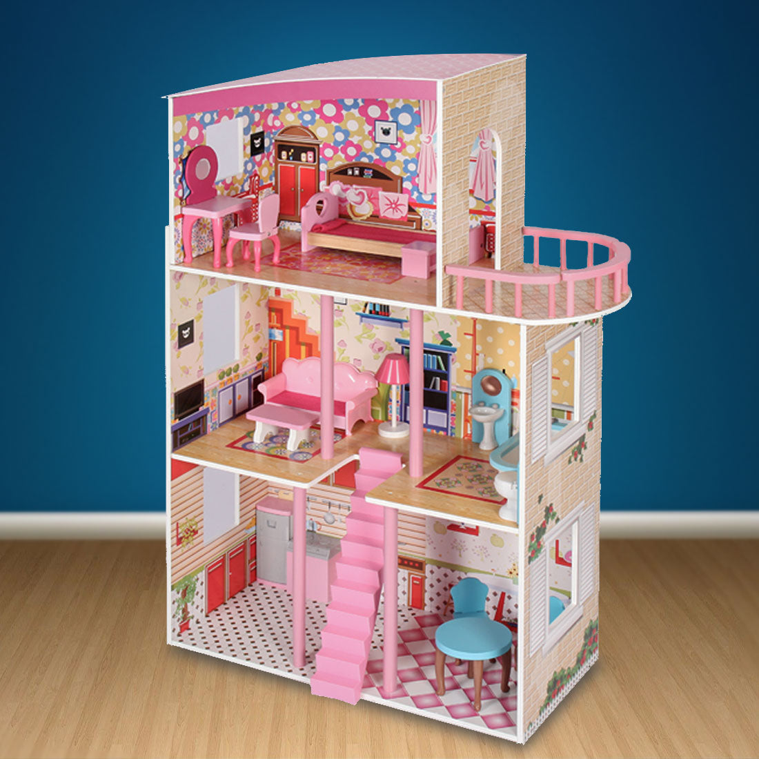 Large Wooden Girls Doll House 3 Level Kids Pretend Play Toys Furniture Dollhouse 3