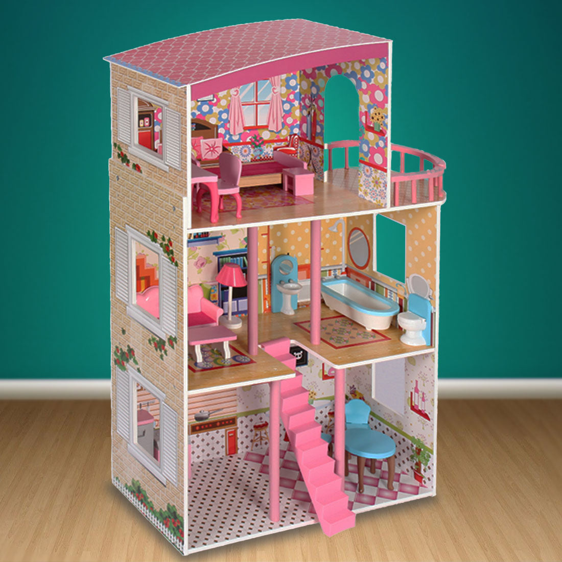 Large Wooden Girls Doll House 3 Level Kids Pretend Play Toys Furniture Dollhouse 4