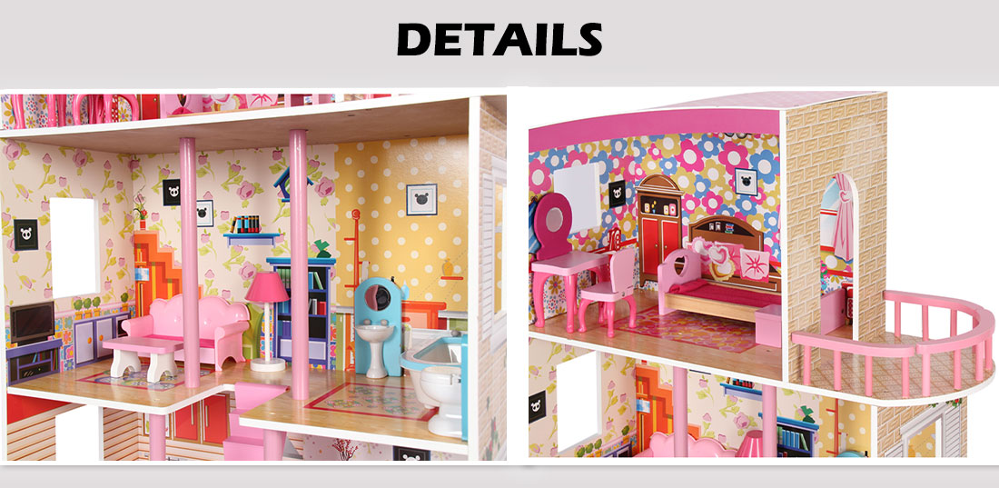 Large Wooden Girls Doll House 3 Level Kids Pretend Play Toys Furniture Dollhouse 5