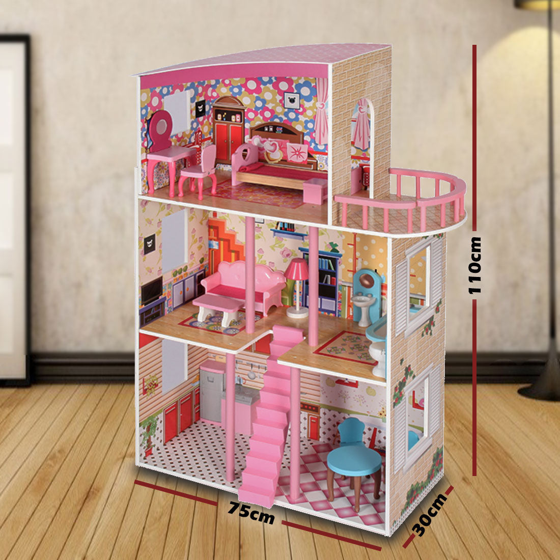 Large Wooden Girls Doll House 3 Level Kids Pretend Play Toys Furniture Dollhouse 7