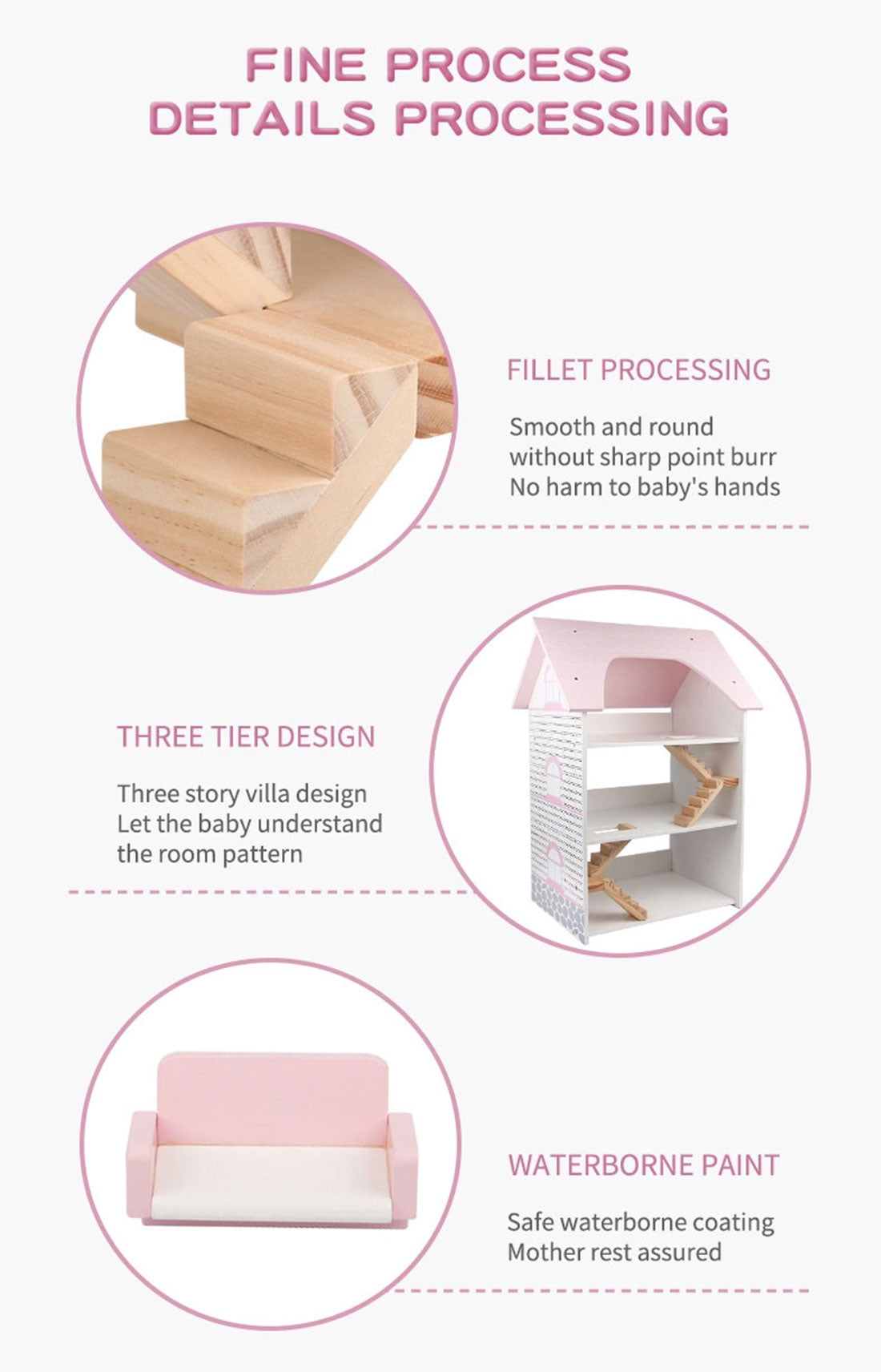 Wooden DIY Dolls Doll House 3 Level Kids Pretend Play Toys Full Furniture Set Pink 3