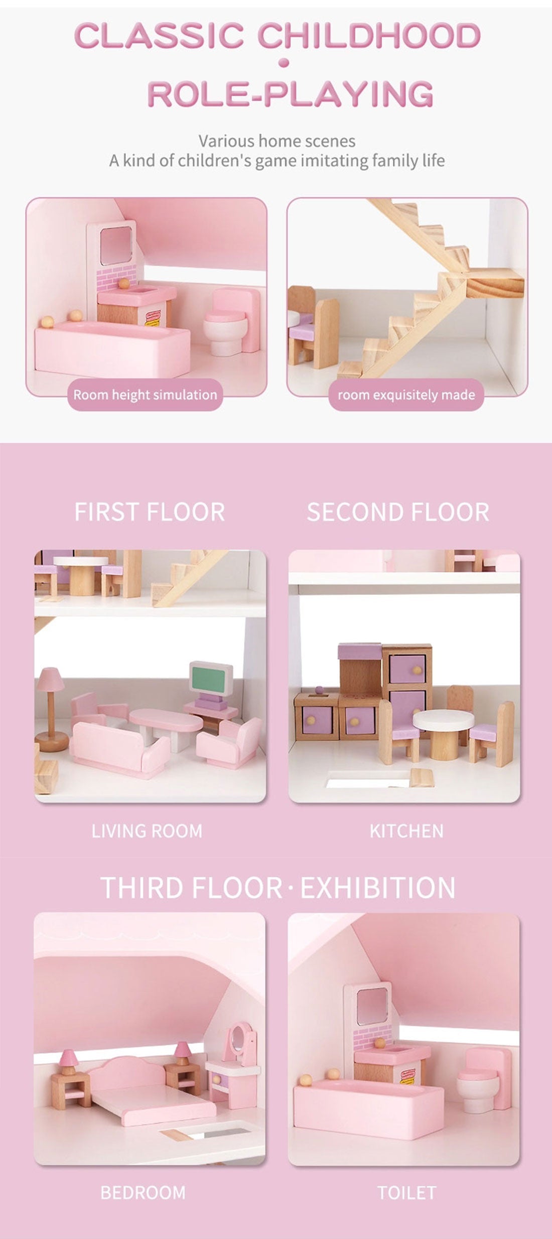 Wooden DIY Dolls Doll House 3 Level Kids Pretend Play Toys Full Furniture Set Pink 4