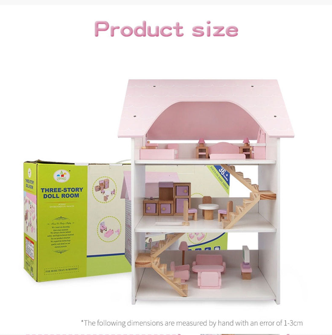Wooden DIY Dolls Doll House 3 Level Kids Pretend Play Toys Full Furniture Set Pink 5
