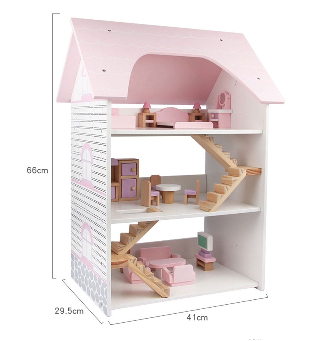 Wooden DIY Dolls Doll House 3 Level Kids Pretend Play Toys Full Furniture Set Pink 6