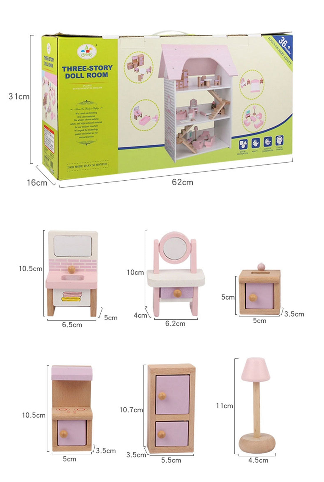 Wooden DIY Dolls Doll House 3 Level Kids Pretend Play Toys Full Furniture Set Pink 7