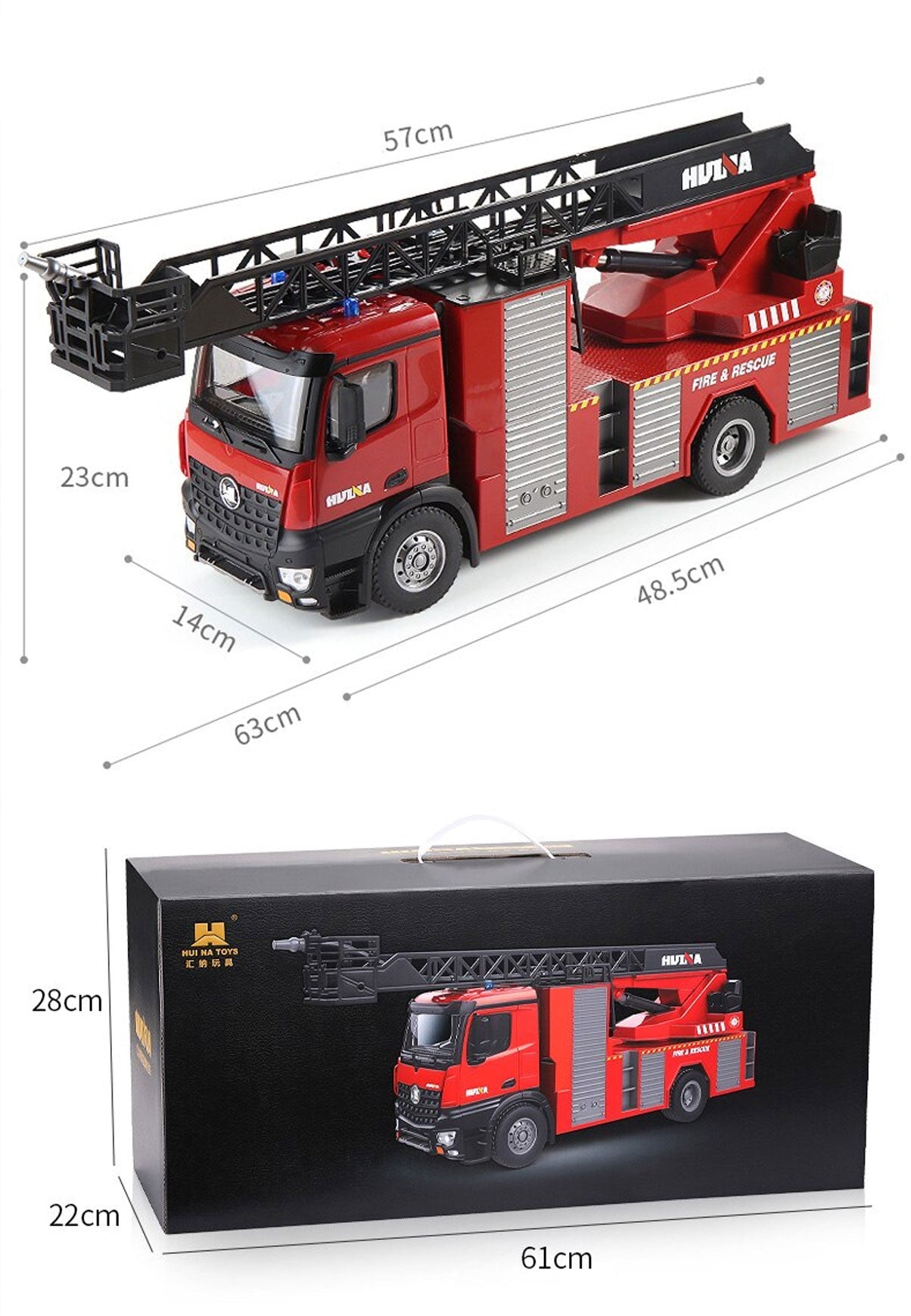 Huina 1:14 RC Fire Truck Extensible Ladder Toy Car Water Gun Construction Light Sound Gift 3