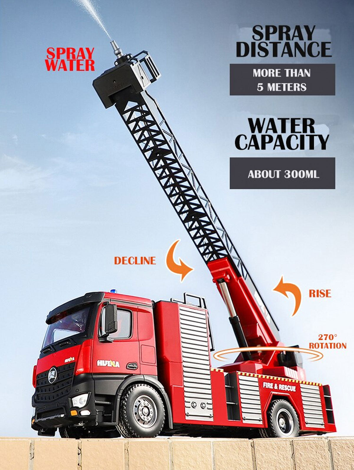Huina 1:14 RC Fire Truck Extensible Ladder Toy Car Water Gun Construction Light Sound Gift 5