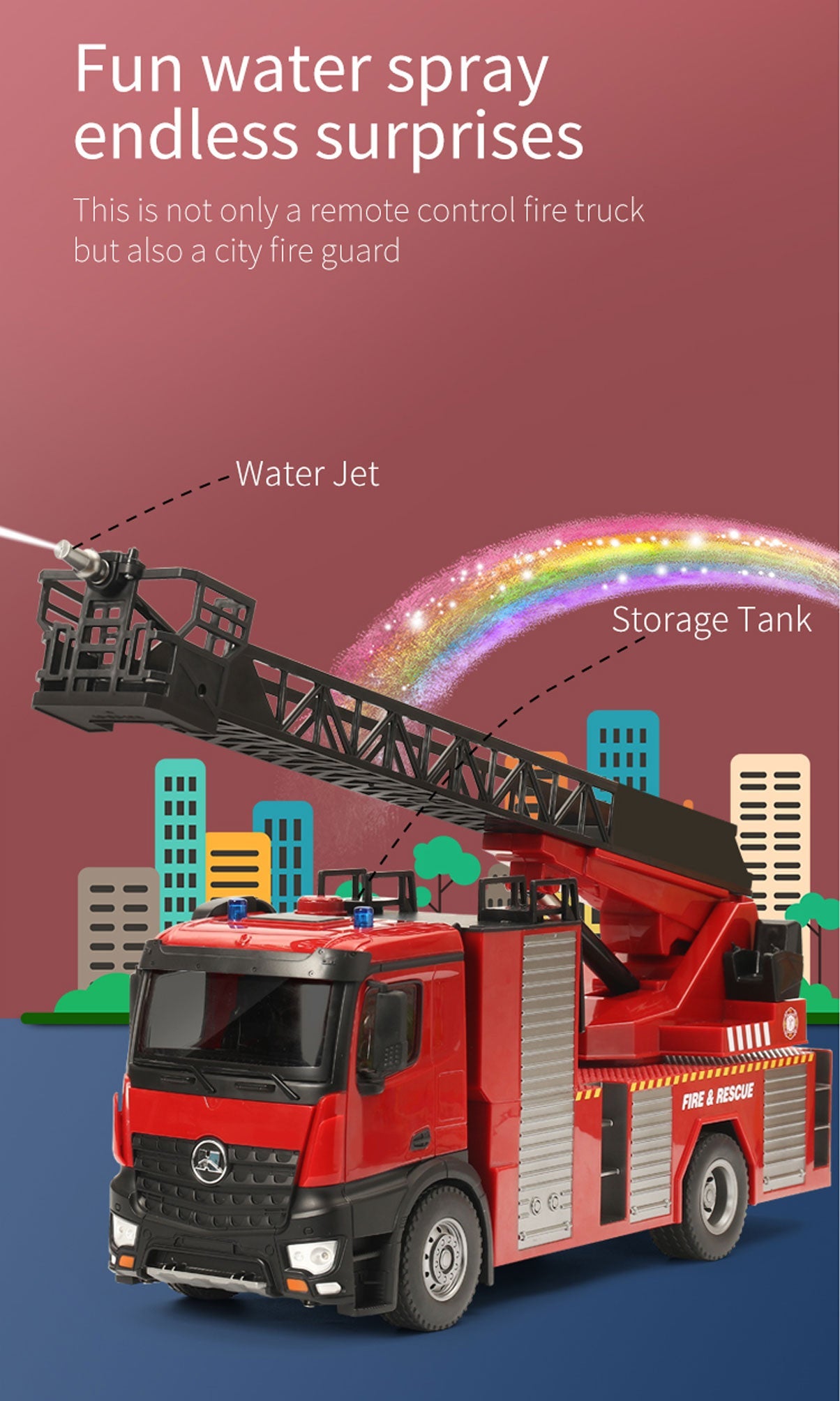 Huina 1:14 RC Fire Truck Extensible Ladder Toy Car Water Gun Construction Light Sound Gift 12