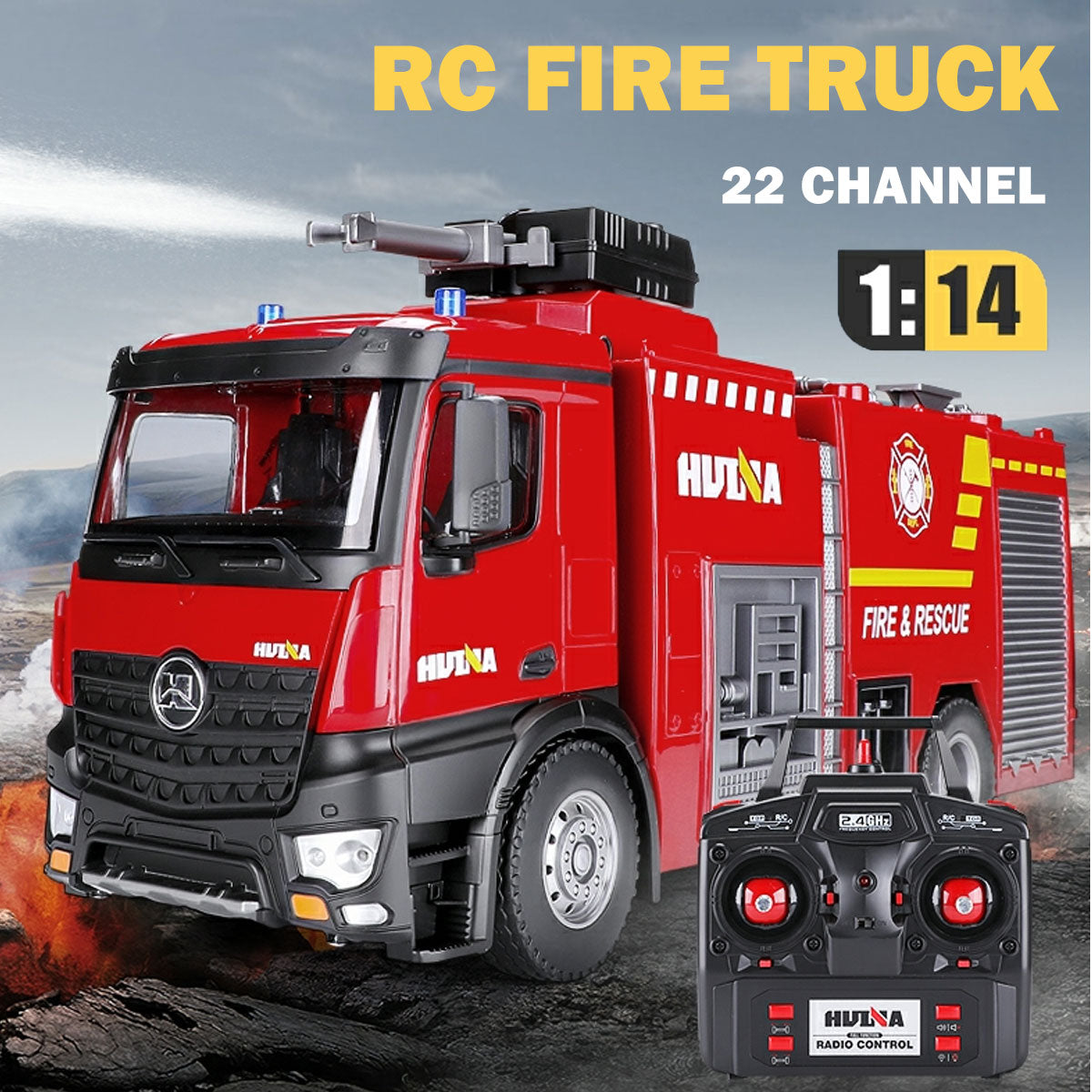 Huina 1:14 RC Fire Truck Toy Car Water Cannon Gun Construction Kids Toy 8