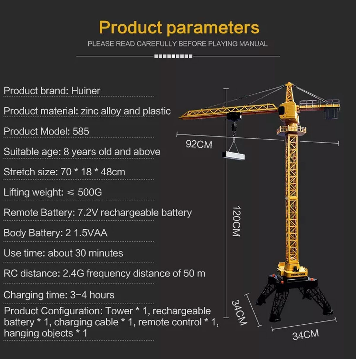 HUINA 1/14 12CH RC Alloy Tower Crane Engineering Construction Vehicle Toy Kids Car 3