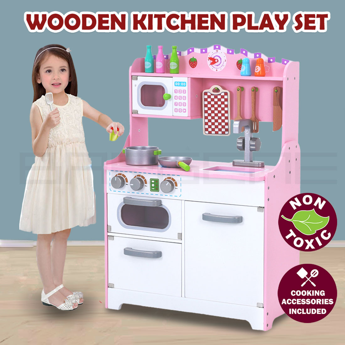 Kids Wooden Kitchen Pretend Play Set Toy Toddlers Children Cooking Food Cookware 5
