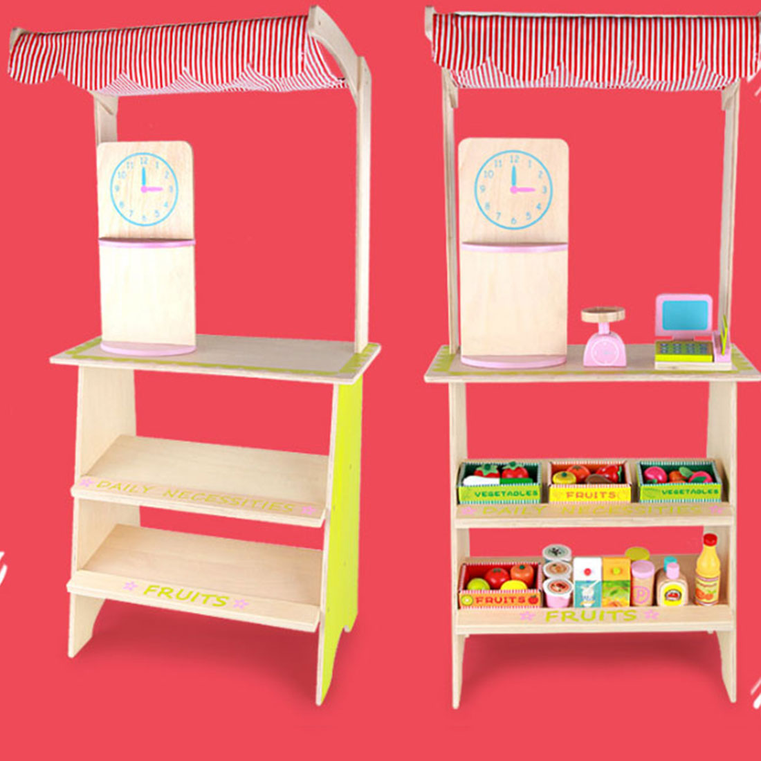 Kids Wooden Toy Pretend Play Marketplace Stand Fruit Veg Shop Stall Supermarket 3