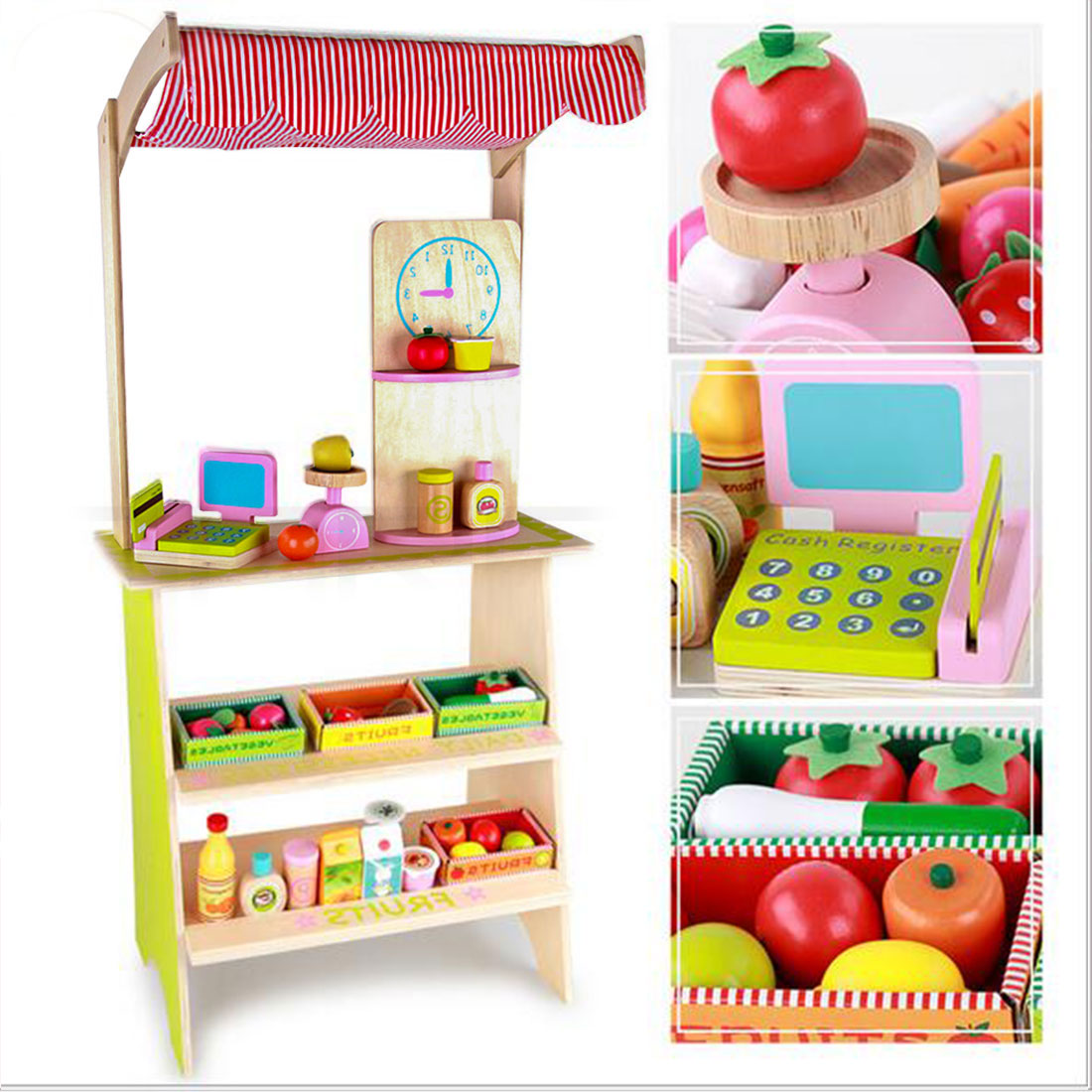 Kids Wooden Toy Pretend Play Marketplace Stand Fruit Veg Shop Stall Supermarket 4