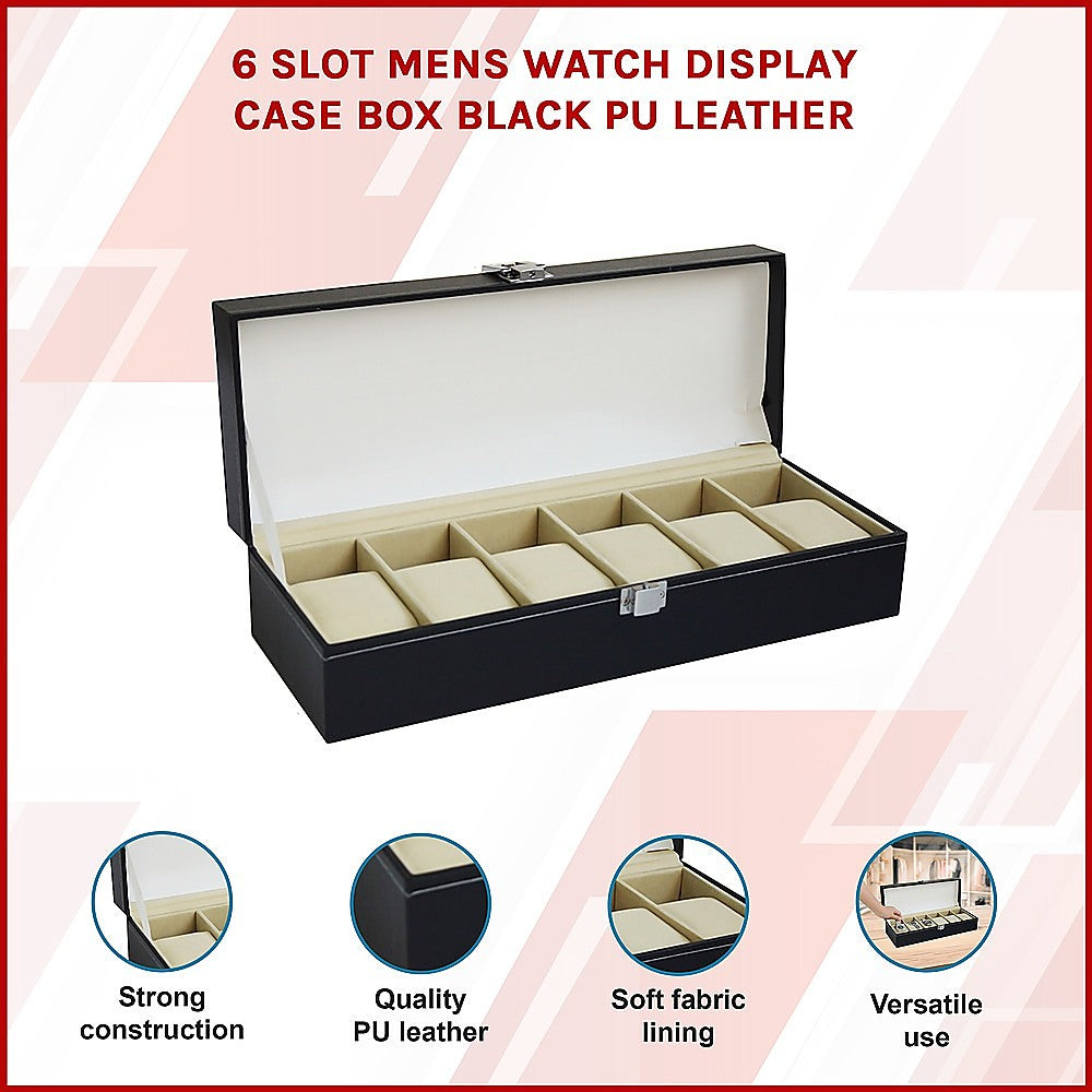 6 Slot Mens Watch Display Case Box Black PU Leather 3