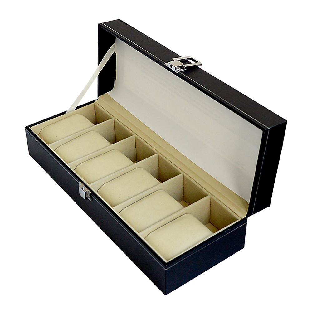 6 Slot Mens Watch Display Case Box Black PU Leather 4