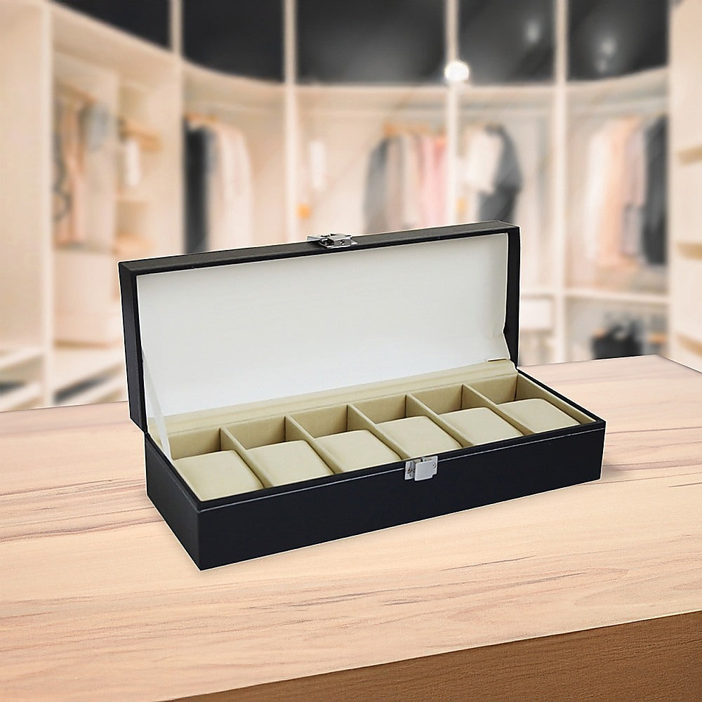 6 Slot Mens Watch Display Case Box Black PU Leather 6