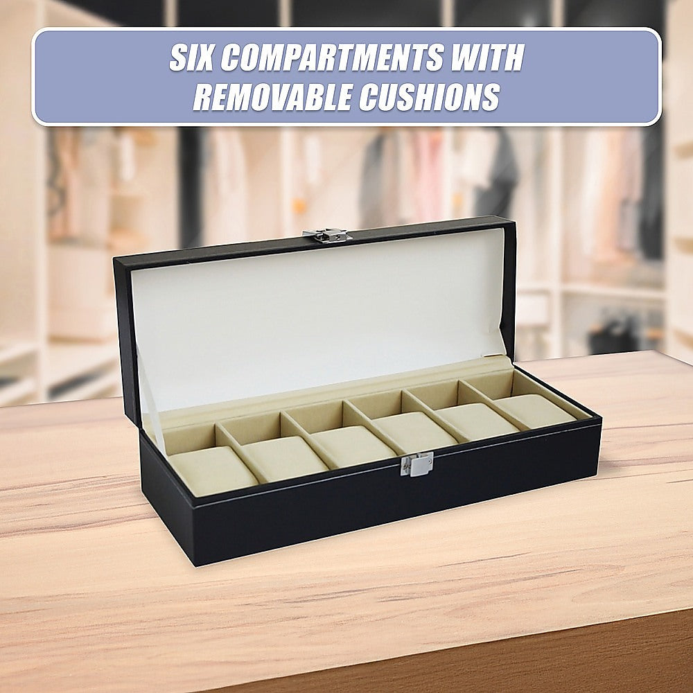 6 Slot Mens Watch Display Case Box Black PU Leather 8