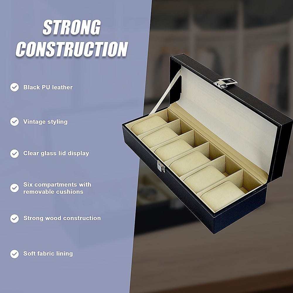 6 Slot Mens Watch Display Case Box Black PU Leather 9