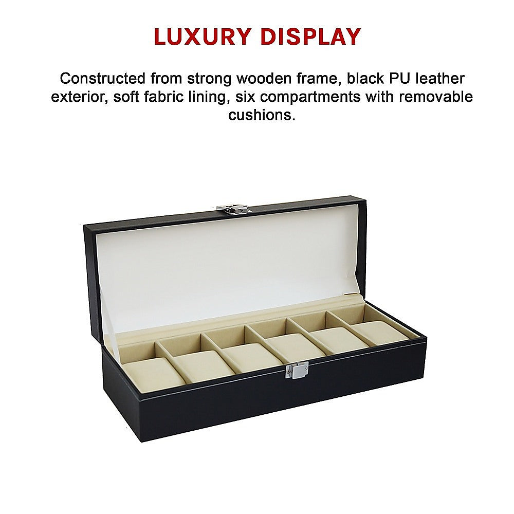 6 Slot Mens Watch Display Case Box Black PU Leather 10