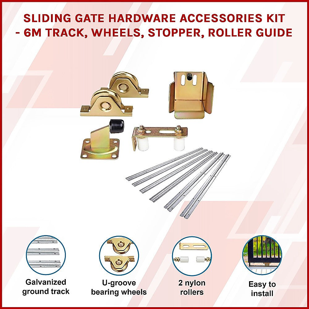 Sliding Gate Hardware Accessories Kit - 6m Track, Wheels, Stopper, Roller Guide 3