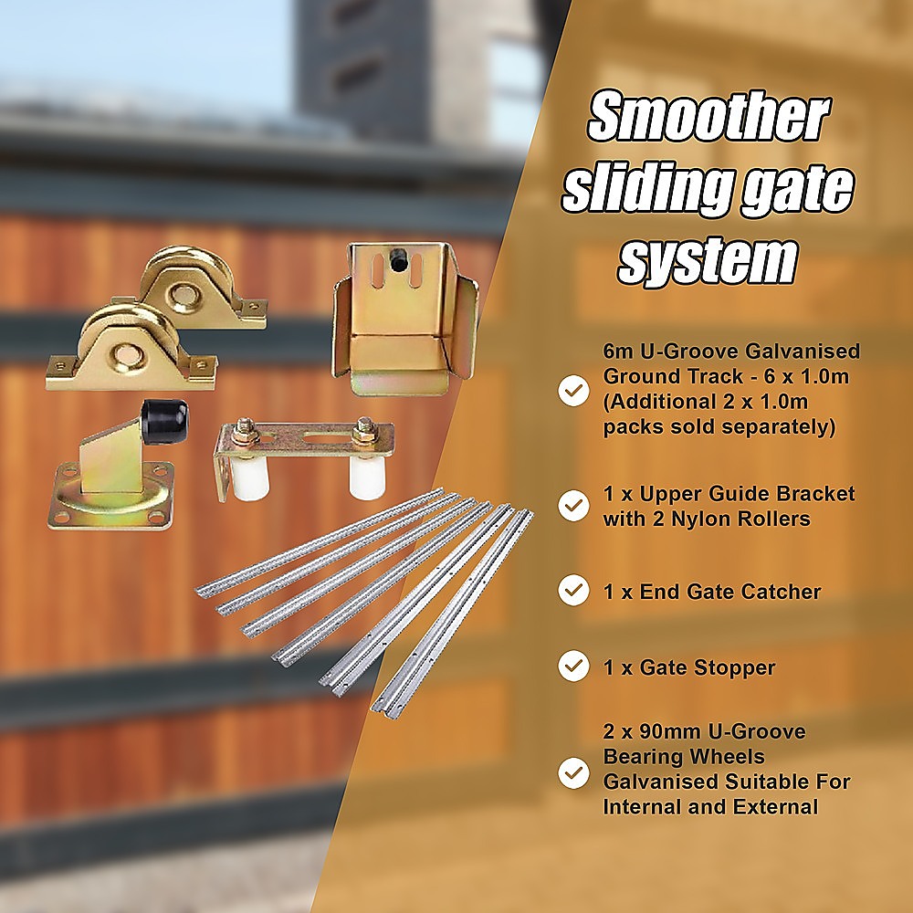 Sliding Gate Hardware Accessories Kit - 6m Track, Wheels, Stopper, Roller Guide 8