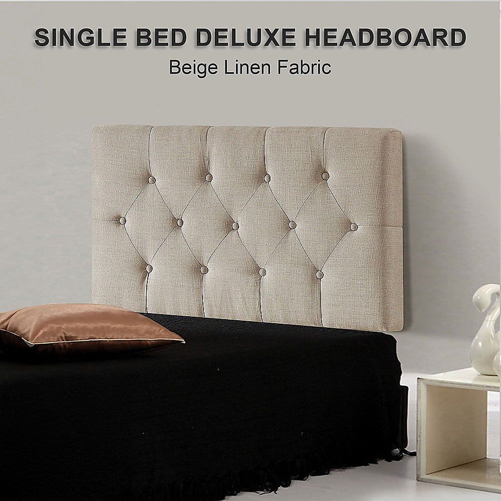 Linen Fabric Single Bed Deluxe Headboard Bedhead - Beige 5
