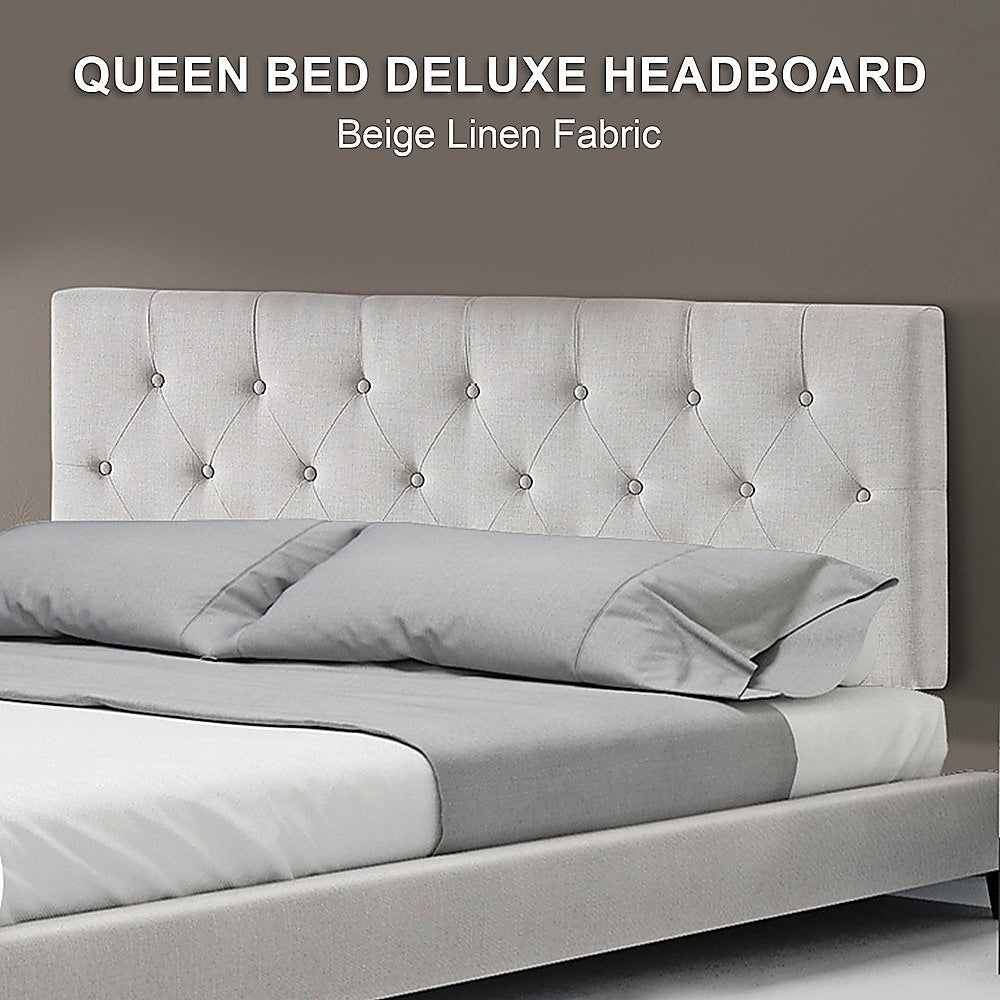Linen Fabric Queen Bed Deluxe Headboard Bedhead - Beige 5