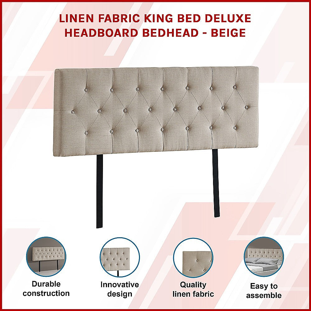 Linen Fabric King Bed Deluxe Headboard Bedhead - Beige 3