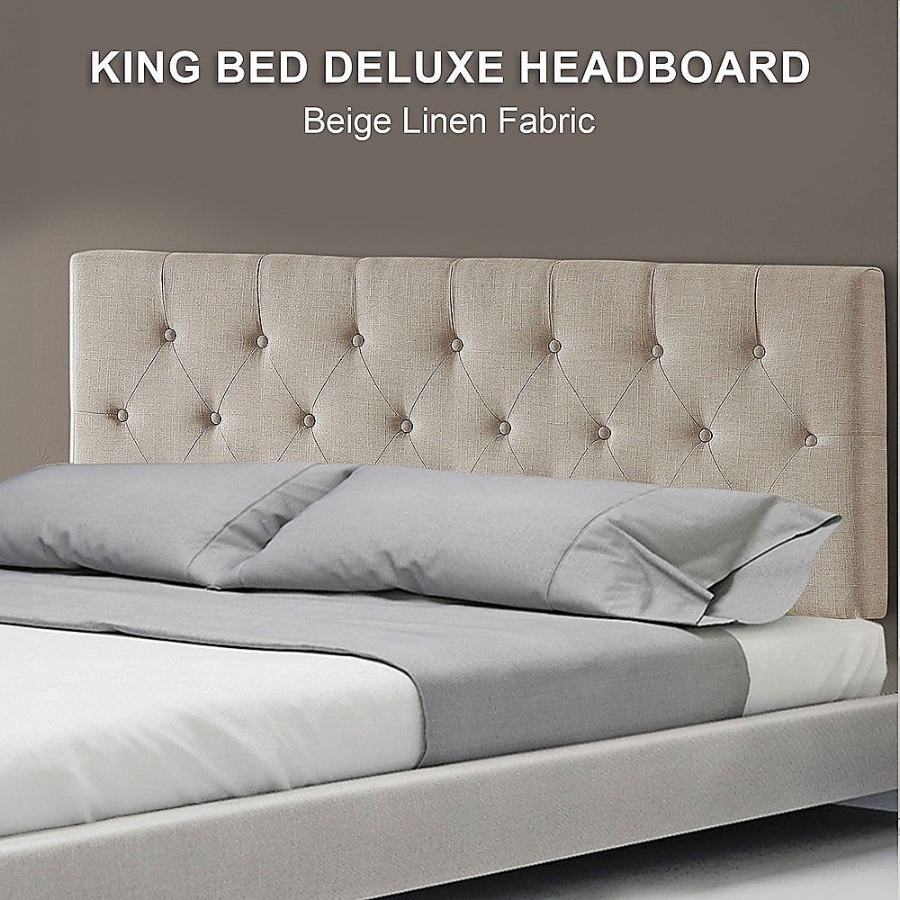 Linen Fabric King Bed Deluxe Headboard Bedhead - Beige 5