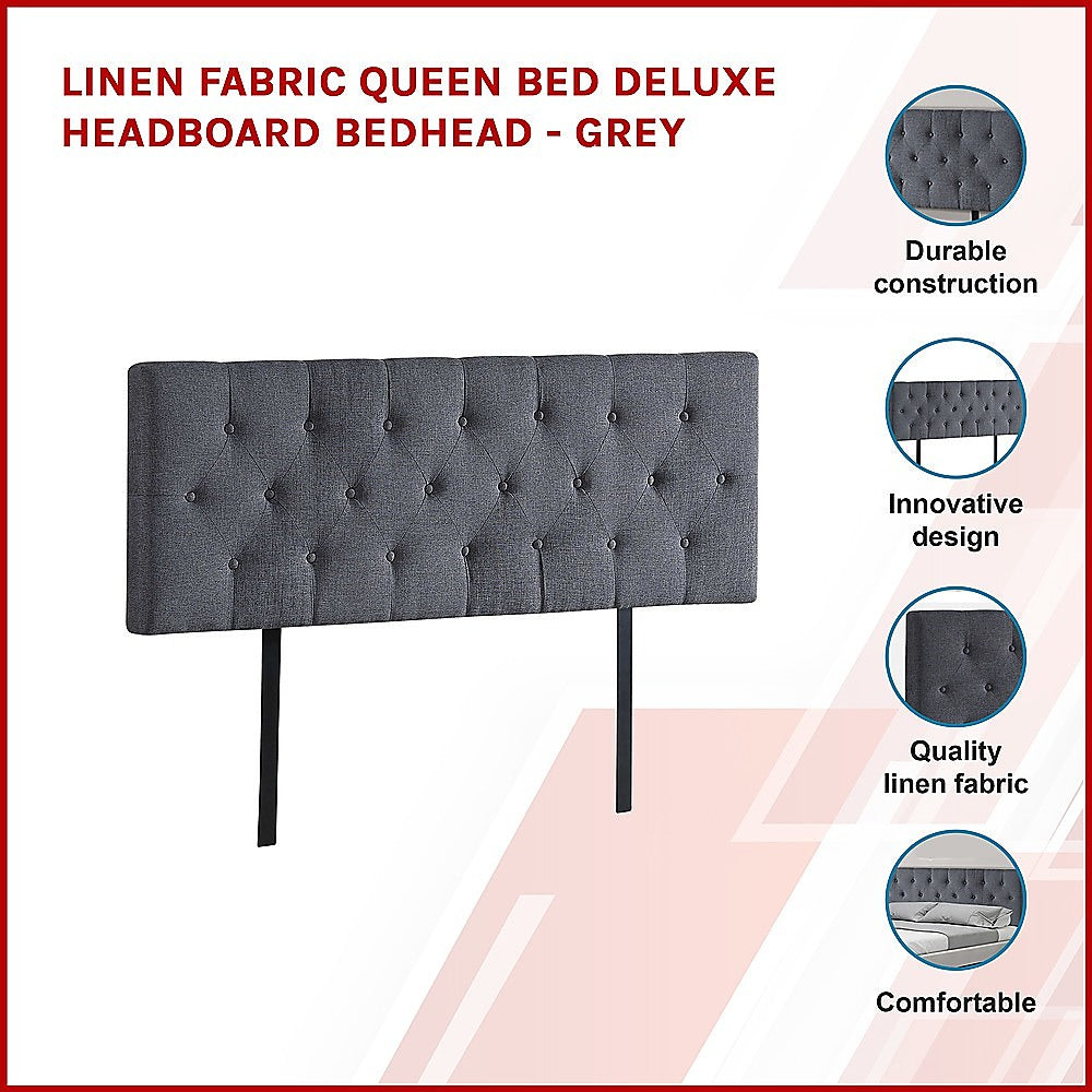 Linen Fabric Queen Bed Deluxe Headboard Bedhead - Grey 3
